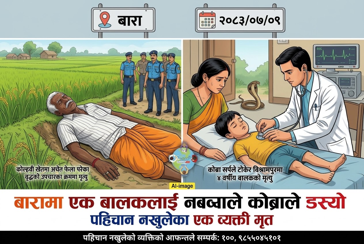 एक बालकलाई कोब्राले डस्यो,पहिचान नखुलेका एक पुरुष मृत फेला
